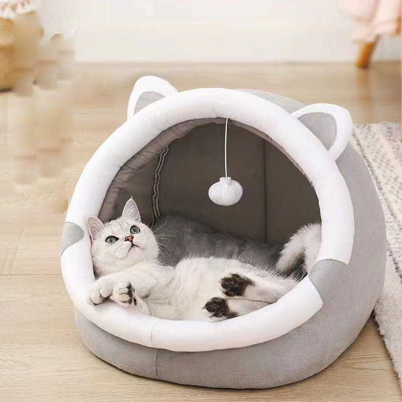 Velvet Winter Cat House — Warm Covered Cat Bed