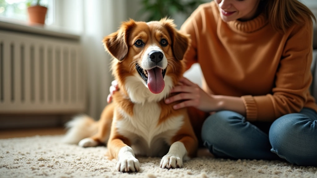 A pet parent gently petting a happy dog at home