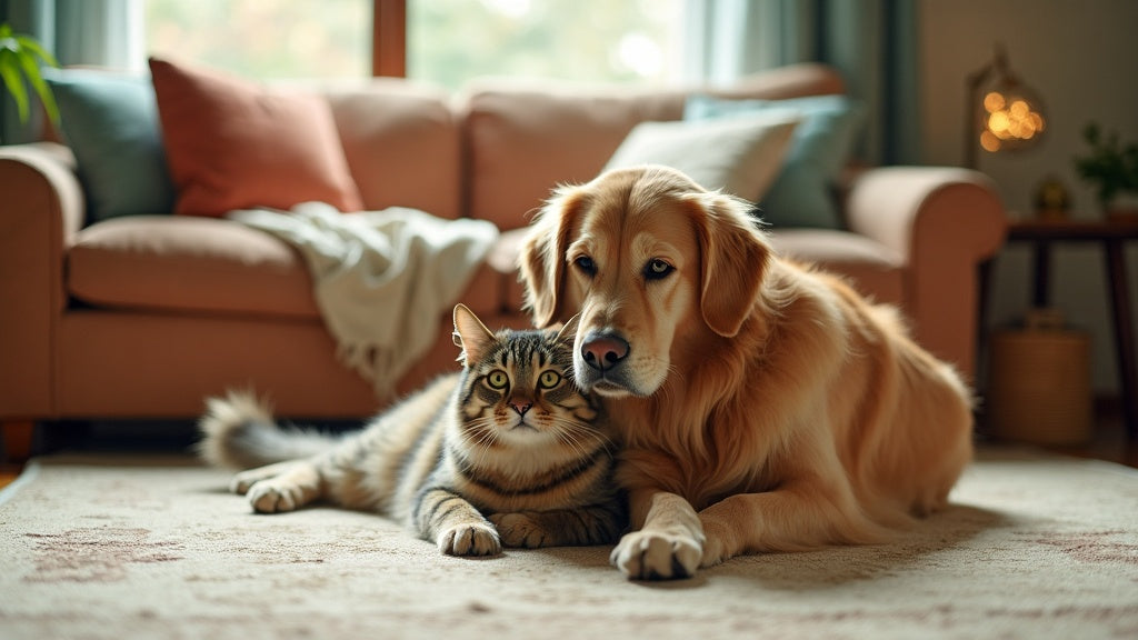 A relaxed dog and cat resting together in a warm cozy living room